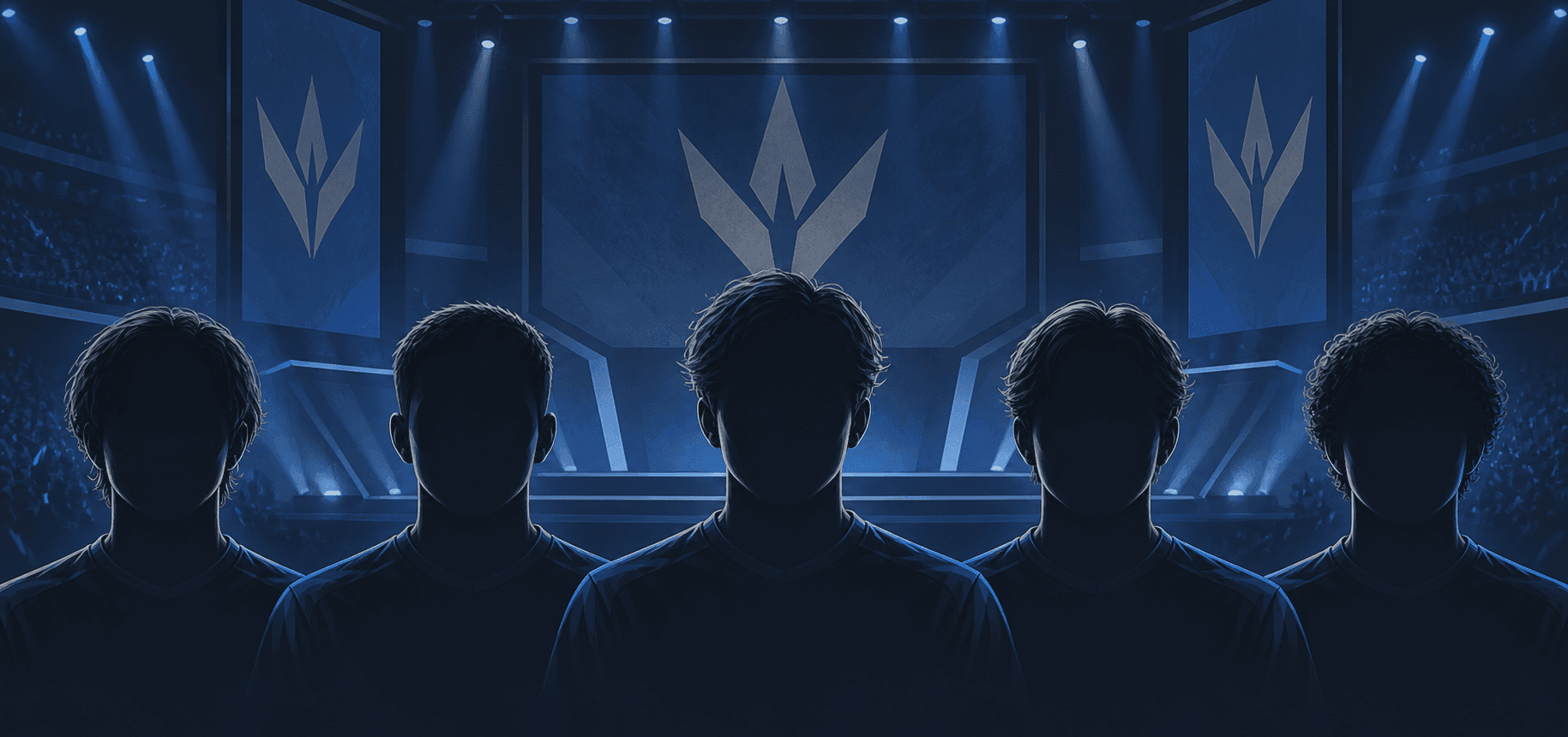 Cinco jugadores frente a un escenario de esports